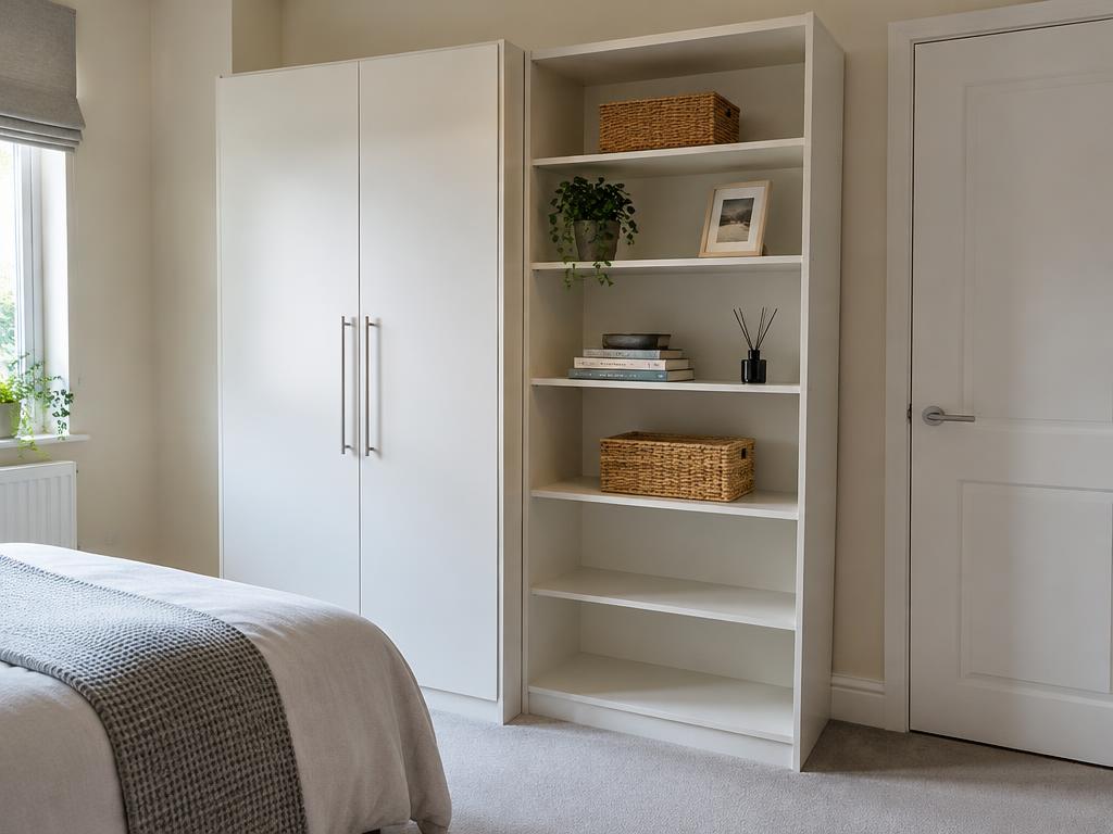 Assembled flat-pack wardrobe and shelving in a tidy bedroom