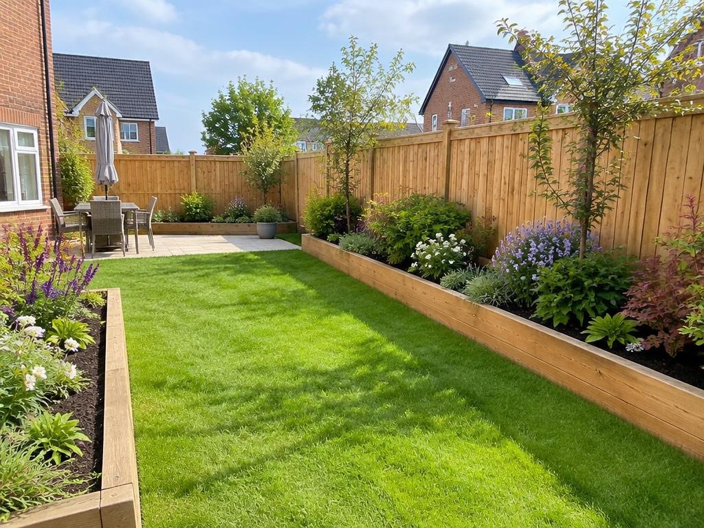 Newly fenced and landscaped back garden with fresh lawn and raised beds